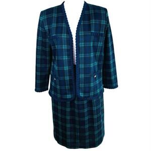 Vintage Petite Sz 12P 2-Piece Skirt Suit Open Front Jacket Black Watch Plaid